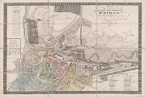 Detailierte alte Karte von Weimar, Deutschland, die Straßen, Gebäude und Sehenswürdigkeiten zeigt, mit begleitendem Text.