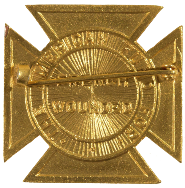 Gold American Fire Department badge with a star insignia, centered in the image with text.