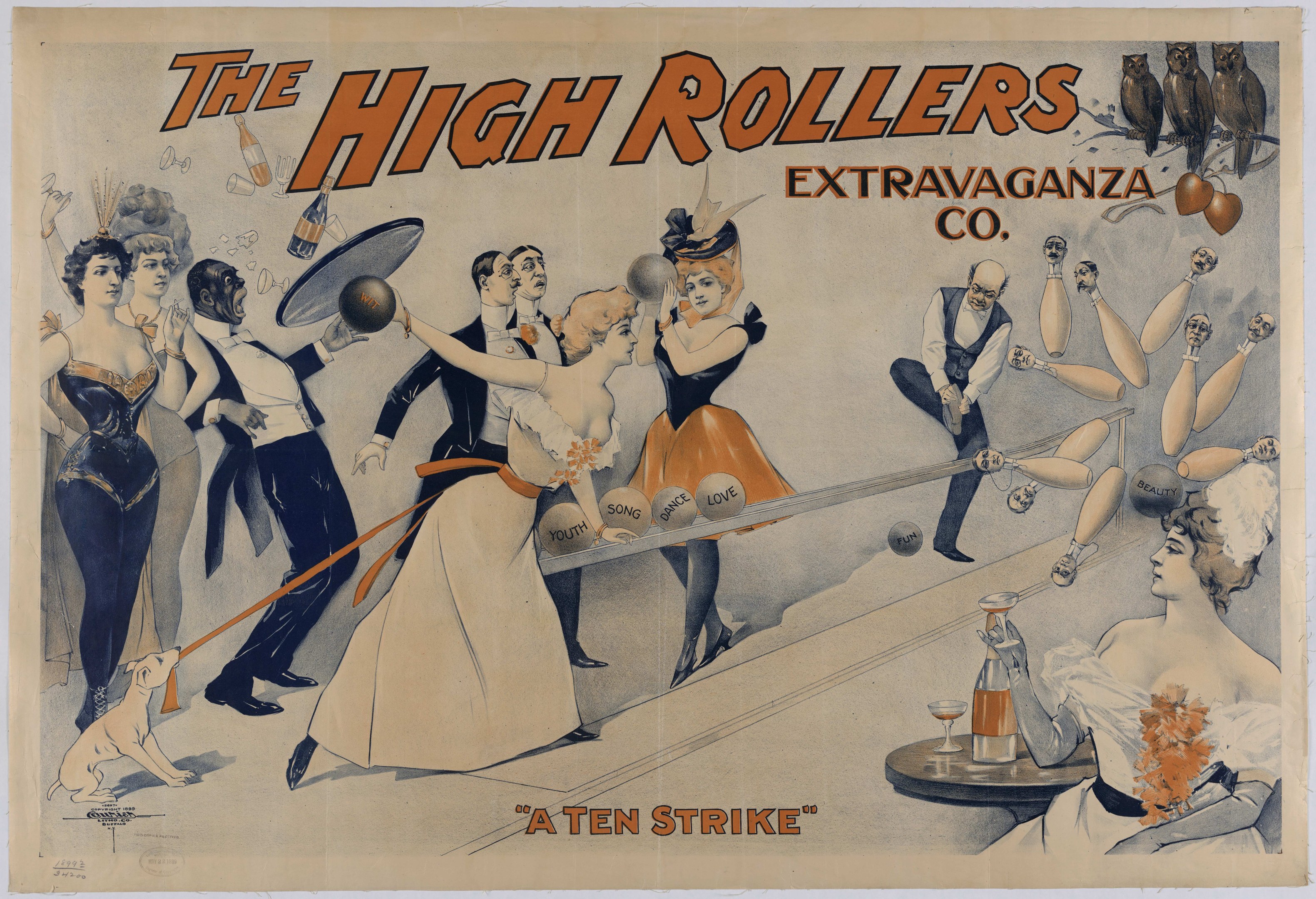 Ein Plakat aus den 1920er Jahren für die High Rollers Extravaganza Co., das ein Bowling-Spiel bewirbt und Menschen in vintage-Kleidung zeigt sowie den Text 'Ein Zehn Strike' oben drauf.