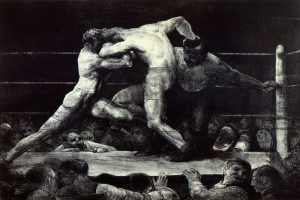 Zwei Boxer im Ring tauschen Schläge aus, während eine jubelnde Menge zusieht.