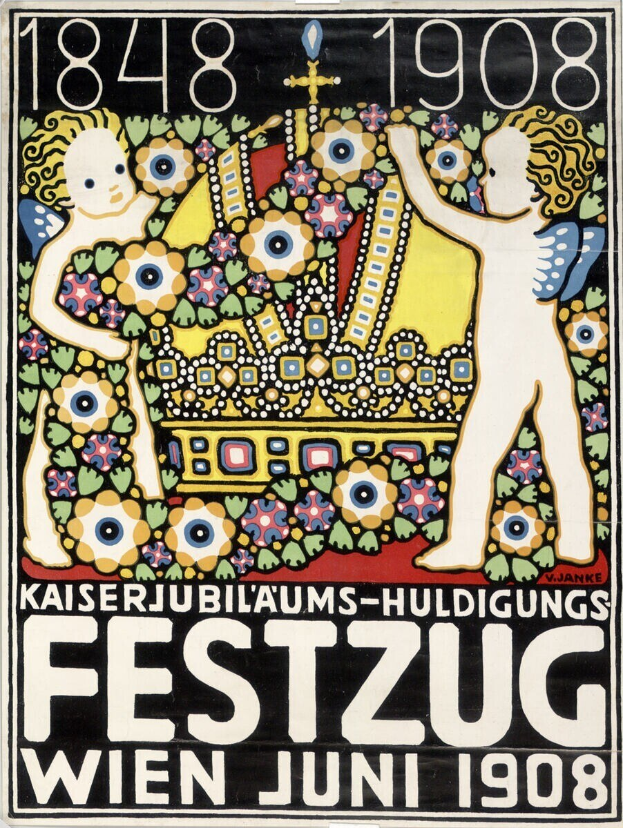 Plakat für ein Festival in Wien, Österreich, mit einem Gemälde von einem Jungen und einem Mädchen, die nebeneinander stehen und sich gegenseitig umarmen, und Text, der Festivaldetails enthält.