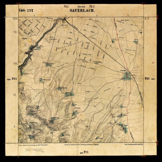 Ausführliche alte Karte von Sauerlach, Deutschland, mit Straßen, Gebäuden und anderen Merkmalen auf schwarzem Hintergrund.