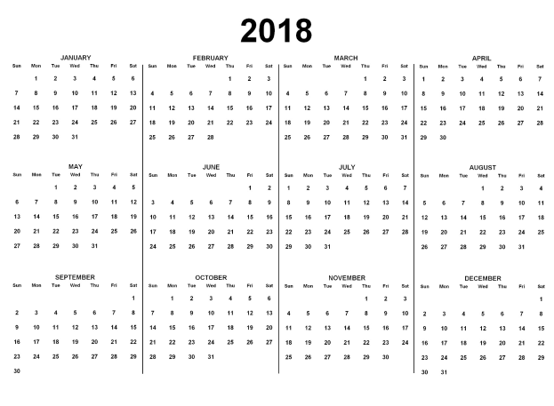 Schwarzer und weißer 2018 Kalender mit U.S.-Feiertagen in fetter Schrift, mit wöchentlichen Zeilen auf weißem Hintergrund.