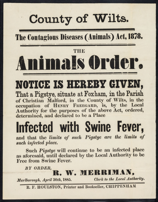 Plakat mit der Aufschrift "Der Landkreis Wilts, das Tierseuchengesetz von 1878" warnt vor Schweinefieber bei Tieren.