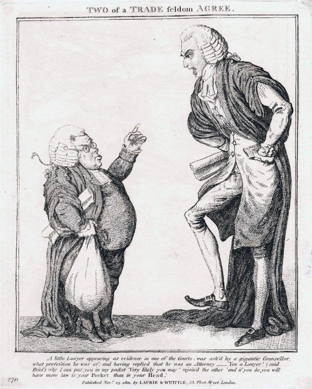 Schwarz-weiß-Zeichnung von zwei Personen, eine hält eine Tasche, mit dem Text "Zwei eines Handwerks Feldom Agree", was eine Diskussion über einen Handwerksvertrag vermuten lässt.