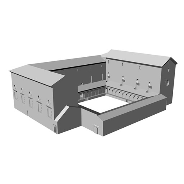 3D-animiertes Modell eines Konzertsaals mit zahlreichen Fenstern, dargestellt in einer lebendigen und farbenfrohen Atmosphäre.