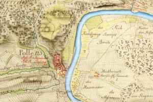 Ausführliche alte Karte von Polle, Deutschland, mit einem Fluss, Straßen und Gebäuden markiert.