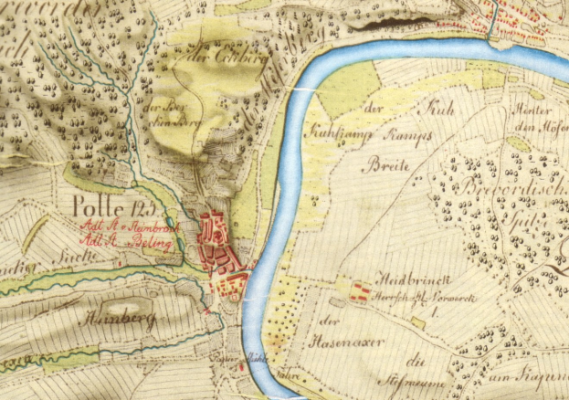 Ausführliche alte Karte von Polle, Deutschland, mit einem Fluss, Straßen und Gebäuden markiert.