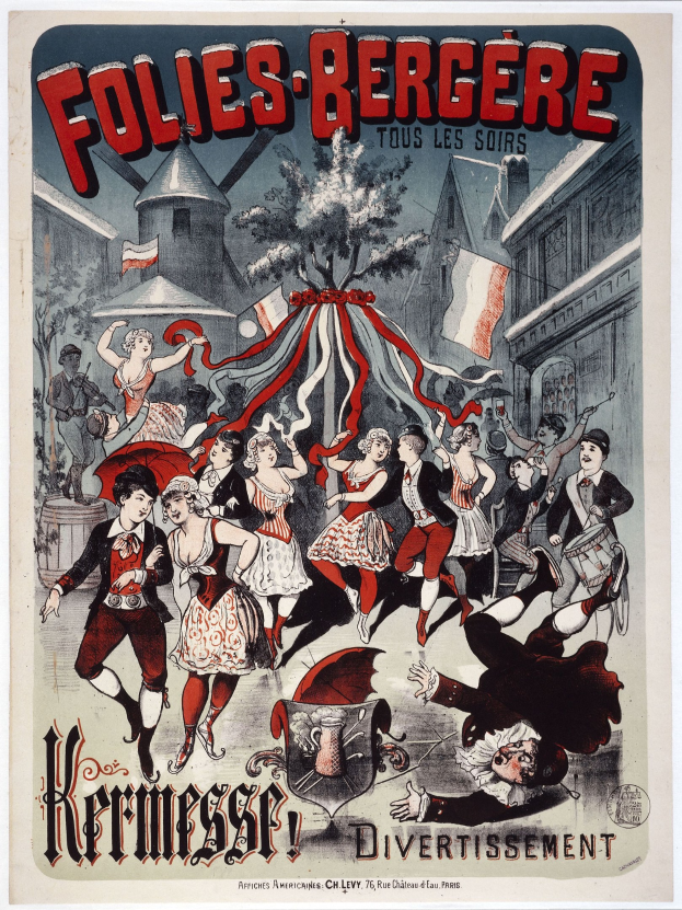 Plakat für das Folies-Bergère-Festival in Paris: Menschen tanzen im Vordergrund mit Gebäuden, Flaggen und einem Baum im Hintergrund, sowie französischer Text oben und unten.