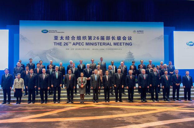 Gruppe von Menschen in formeller Kleidung auf einer Bühne mit einem "Asia Pacific Economic Cooperation Summit"-Hintergrund, Treppen, Bretter und Beleuchtung.