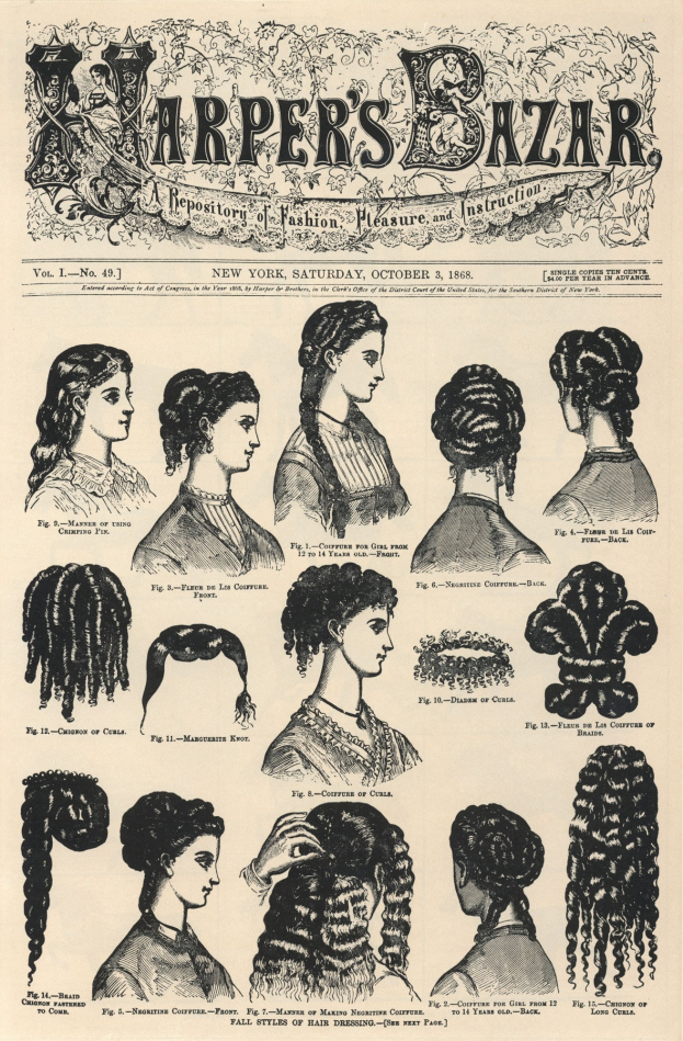 Schwarze und weiße Bilder von Frauen mit verschiedenen Frisuren aus Harper's Bazaar, begleitet von Text.