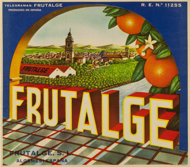 Ein Plakat im Vintage-Stil mit leuchtend orangefarbenen Orangen, Text, Gebäuden, Bäumen, Höhen und Himmel.