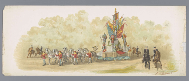 Gemälde einer Karnevalsumzugsszene mit Menschen in bunten Kostümen auf Pferden neben einem geschmückten Wagen mit Fahnen vor einem Baumhintergrund und einem klaren blauen Himmel.