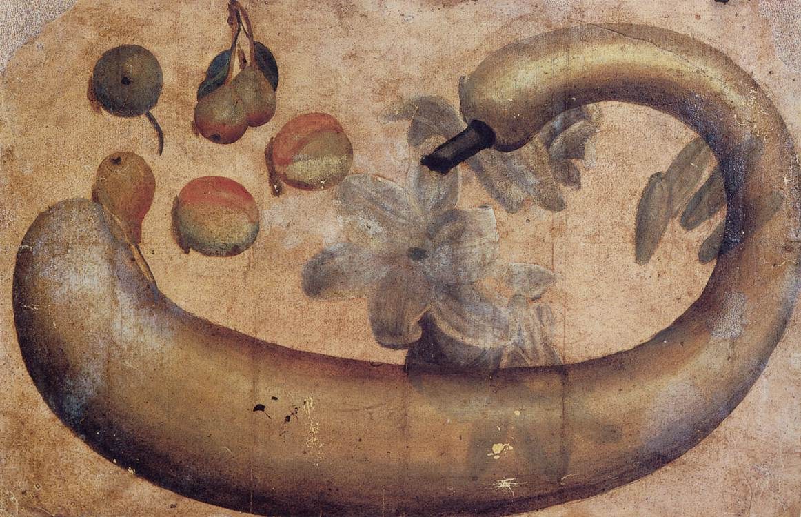 Gemälde einer Banane mit einer Blume darauf, umgeben von verschiedenen Früchten und Blättern auf einem Papierstück mit leuchtenden Farben und deutlichen Details.