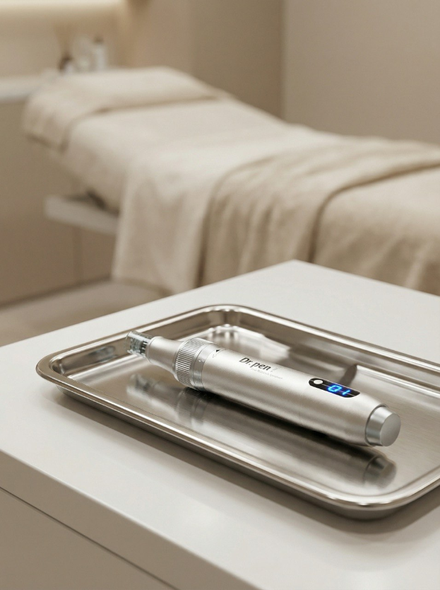 Modernes Microneedling-Instrument auf einem sterilen Tablett in einem professionell eingerichteten Kosmetikstudio.