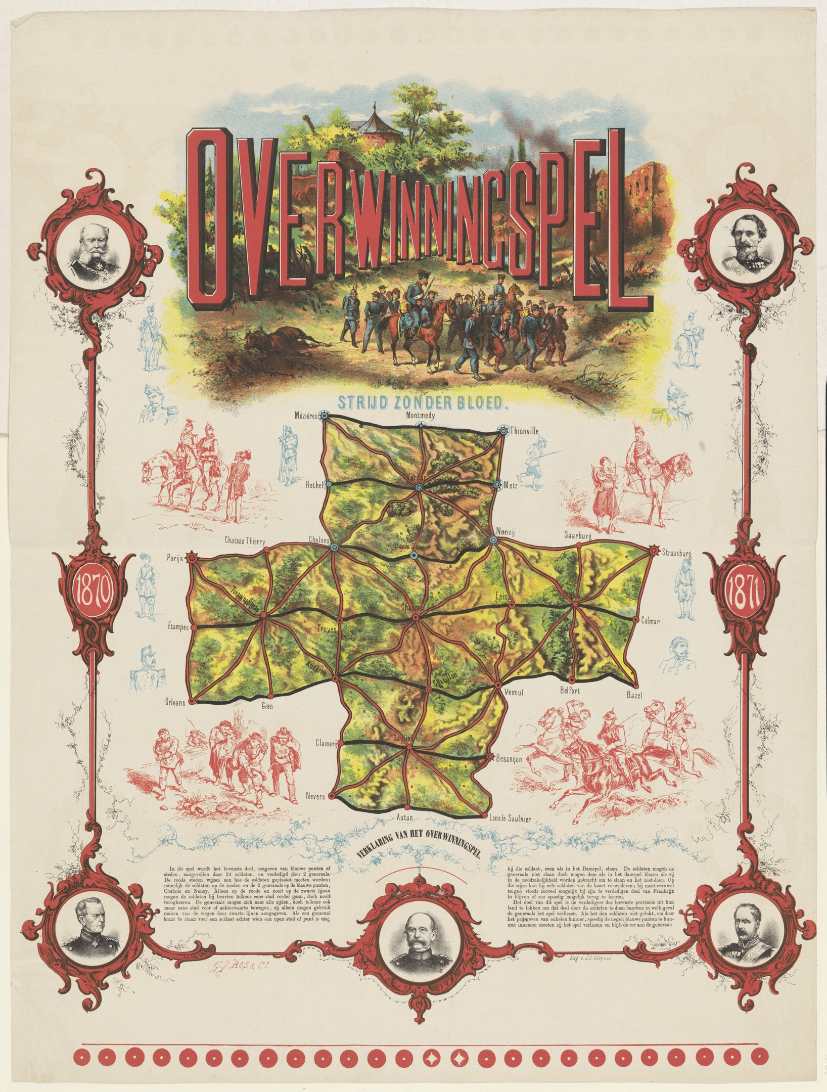 Buntes Plakat von Overwiningspel, Deutschland, mit detaillierter Stadtkarte, beschrifteten Sehenswürdigkeiten, lächelnden Menschen, Bäumen und fetter Schrift.