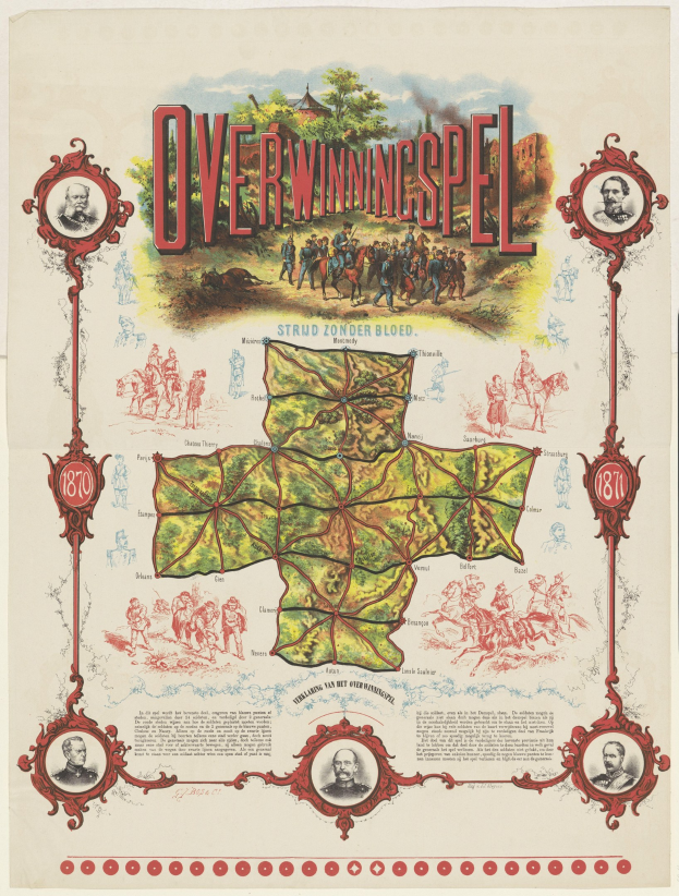 Buntes Plakat von Overwiningspel, Deutschland, mit detaillierter Stadtkarte, beschrifteten Sehenswürdigkeiten, lächelnden Menschen, Bäumen und fetter Schrift.