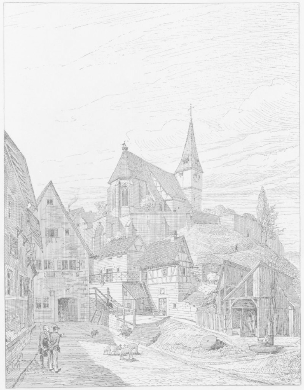 Schwarz-weiß-Zeichnung einer Straßenszene mit einer Kirche im Hintergrund, umgeben von Gebäuden, Menschen, Tieren, Bäumen und Himmel, mit der Bildunterschrift "Die Kirche der Heiligen Dreifaltigkeit im alten Stadtkern von Heidelberg, Deutschland" unten.
