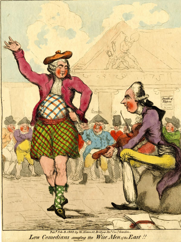 Zeichnung eines Mannes in einem Kilt und einer Frau in einem Kleid, die vor einem Gebäude unter einem bewölkten Himmel für eine Menge auftreten, mit der Bildunterschrift "Low Comedians Amusing the Wise Men of the East" unten.