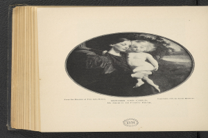 Ein aufgeschlagenes Buch mit einem Bild einer Frau, die ein Baby hält und beide strahlend in die Kamera schauen, mit der Aufschrift "Mutter und Kind" auf der Seite.