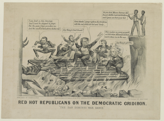 Ein politischer Cartoon, der rote Figuren auf einem blauen Gridiron zeigt, mit besorgten Gesichtern und erhobenen Armen, begleitet von fetter schwarzer Schrift.