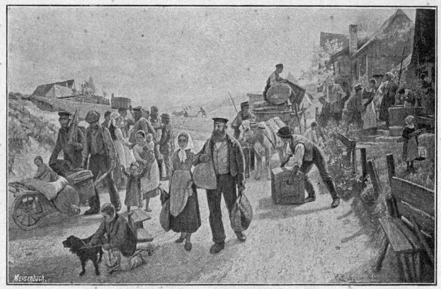 Eine Gruppe von Menschen, einige mit Taschen, geht einen Schotterweg mit einem Hund und einem von Pferden gezogenen Wagen entlang, mit Häusern und einem klaren Himmel im Hintergrund; der Text unten lautet "Deutsche Flüchtlinge in Deutschland".